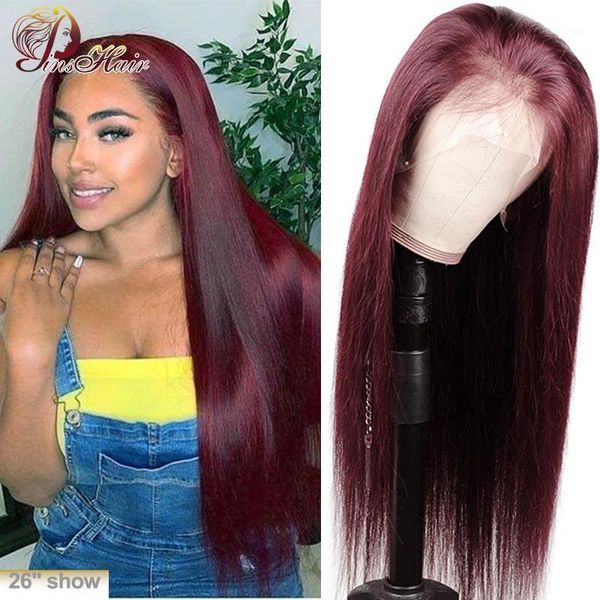 

burgundy 99j lace front human hair wig 13*4 straight pinshair pre plucked hairline peruvian remy 1501, Black;brown