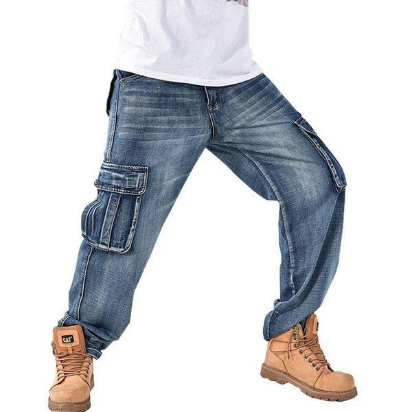 

men's jeans men street dance hiphop fashion blue loose board denim pants overall male rap hip hop plus size 30-46