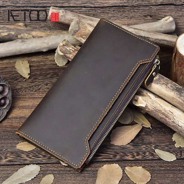 

men's long wallet, retro crazy horse leather buckle clutch, multi-card first layer cowhide wallet wallets, Red;black