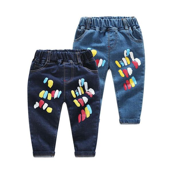 

jeans 2021 autumn boys girl cotton pants casual color point printing cowboy baby toddler trousers kids clothes children clothing, Blue