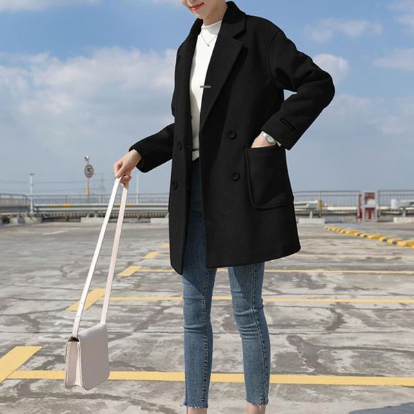 

women's wool & blends winter casual loose elegant black outwear women long sleeve double breasted fashion jackets female blend warm coa
