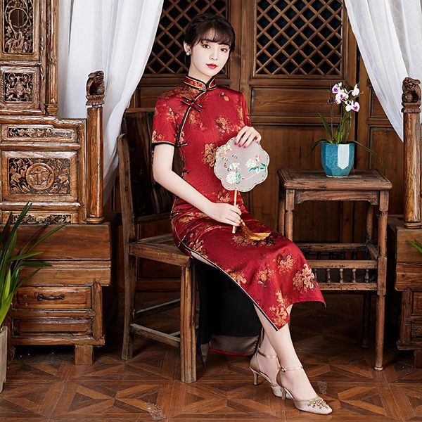 

ethnic clothing rayon high split cheongsam female print floral chinese style red classic qipao vintage button dresses gown long vestido