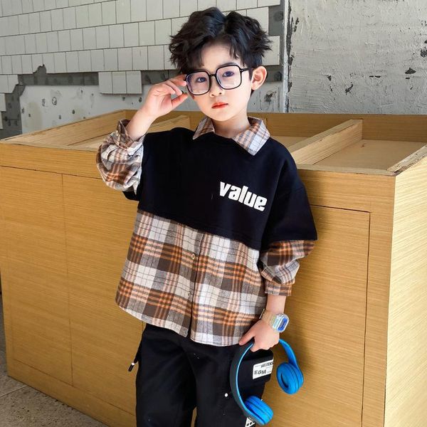 

hoodies & sweatshirts autumn patchwork plaid teenagers boys clothes faux two piece boy pullovers loose hip-hop shirt wear, Black