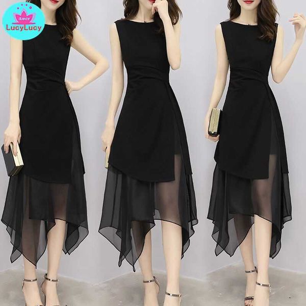 

summer korean style slim fashion black chiffon temperament dres's clothing zippers sleeveless solid 210603, Black;gray