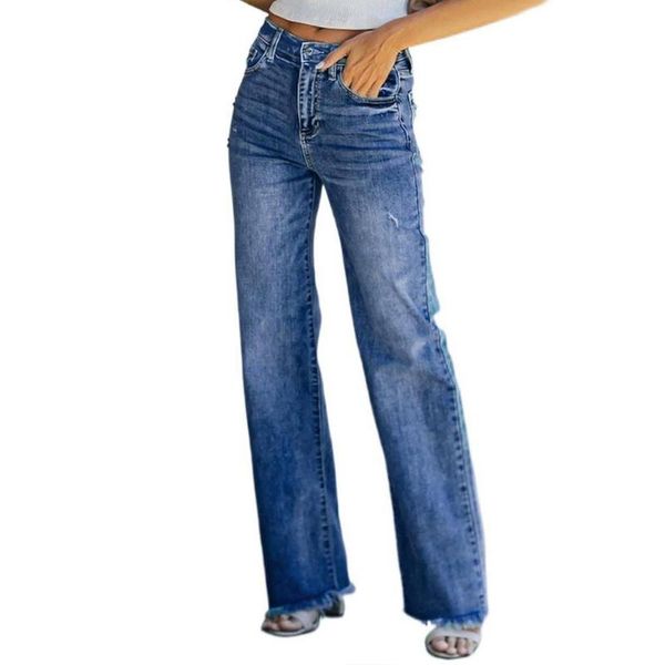 

women's jeans ladies casual straight-leg high waist trousers pants solid color wide leg women street slim straight, Blue