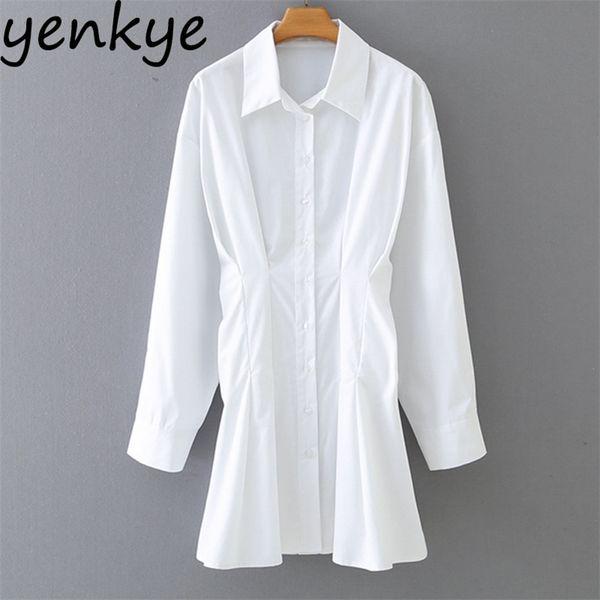 

fashion women ruched waist white dress female long sleeve lapel collar streetwear autumn casual short vestido 210514, Black;gray