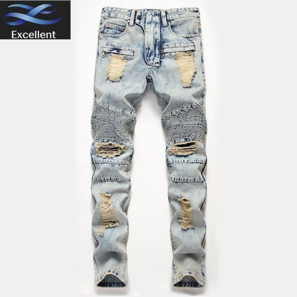 

biker hombre mens jean pantalones clothes slim fit motorcycle vintage streetwear ripped jeans 2021 denim pants men1, Blue