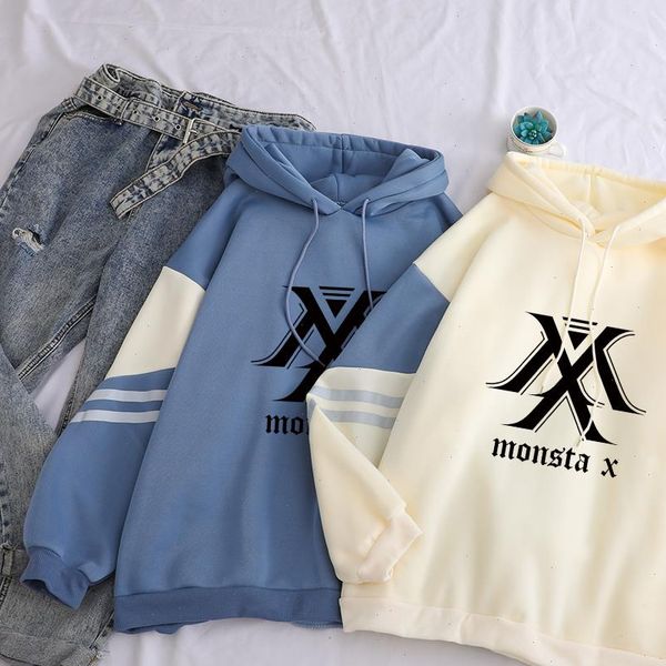 

monsta x print casual women sweatshirt long sleeve hop winter fleece pullover fashion hooded kpop clothes, Black