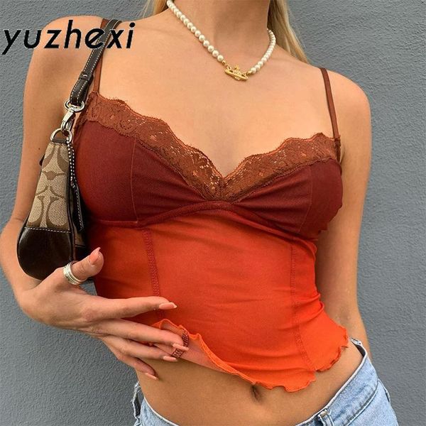 

women's tanks & camis yuzhexi lace trim ruched france camisole mesh transparent maroon summer crop cami vintage y2k, White