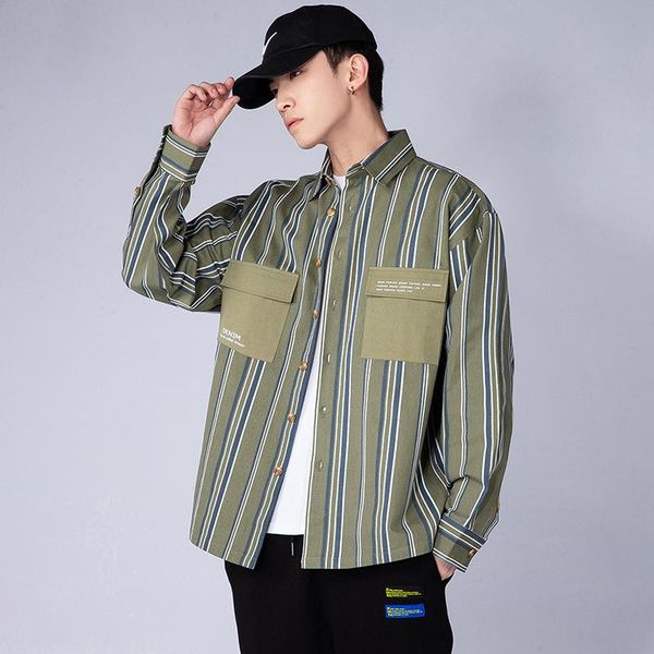 

men's casual shirts 2021 spring long-sleeved shirt male korean version of the trend striped jacket fashion tooling men, White;black