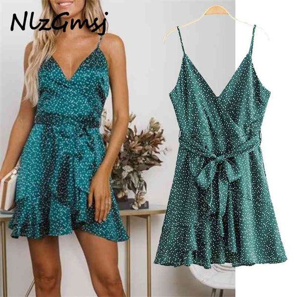 

dres fashion v-neck spaghetti strap sashes sleeveless dot temperament personality mini 210628, Black;gray