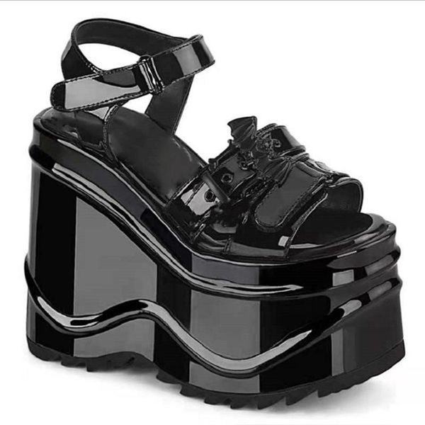 

sandals women high heels platform gothic cool chains punk wedges shoes casual ladies buckle strap fashion female sandalias mujer, Black