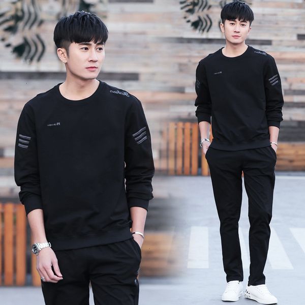 

spring large running and 2021 autumn leisure two-piece collarls embroidery fashion men's sweater set, Black