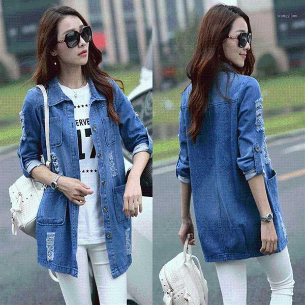 

bigsweety basic long jeans coats women slim ripped denim jacket femme elegant vintage frayed jackets outwear casacos feminino, Black;brown