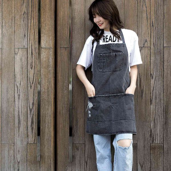 

women's jeans cotton denim adjustable bib apron with 5 pockets cooking kitchen s women men jean for cafes lounge bars b1i7, Blue