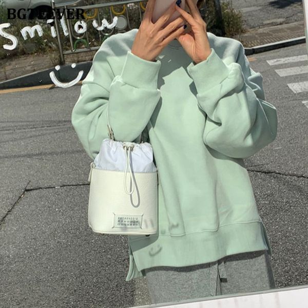 

knits autumn winter thicken loose women sweatshirts casual o-neck long sleeve split solid female pullovers tracksuit ne95, White