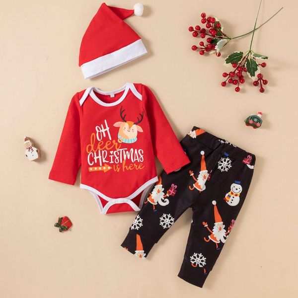 

clothing sets 0-12m born infant baby girls boys christmas clothes set letter print long sleeve o-neck romper+ trousers+ hat fall, White