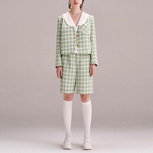 

women's jackets green plaid tweed jacket 2021 early autumn coats and women v neck jewel button woven check coat designer clothes, Black;brown