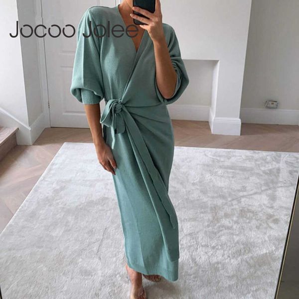 

jocoo jolee winter women v neck long knitted dress elegant lantern sleeve lace up split sweater dress casual solid dress 210619, Black;gray