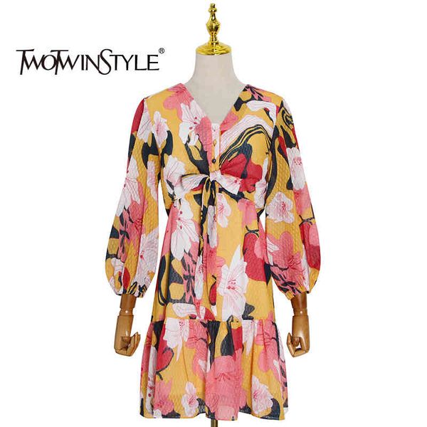 

twotwinstyle vintage bowknot printed dress for women v neck lantern sleeve high waist hit color dresses female fashion 210517, Black;gray