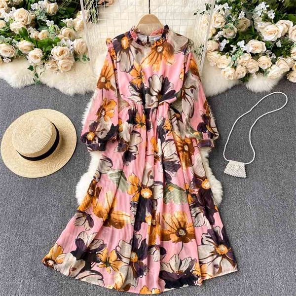 

women spring fashion sweet wood ear stand collar press pleated long-sleeved slim a-line dress elegant vestidos r776 210527, Black;gray