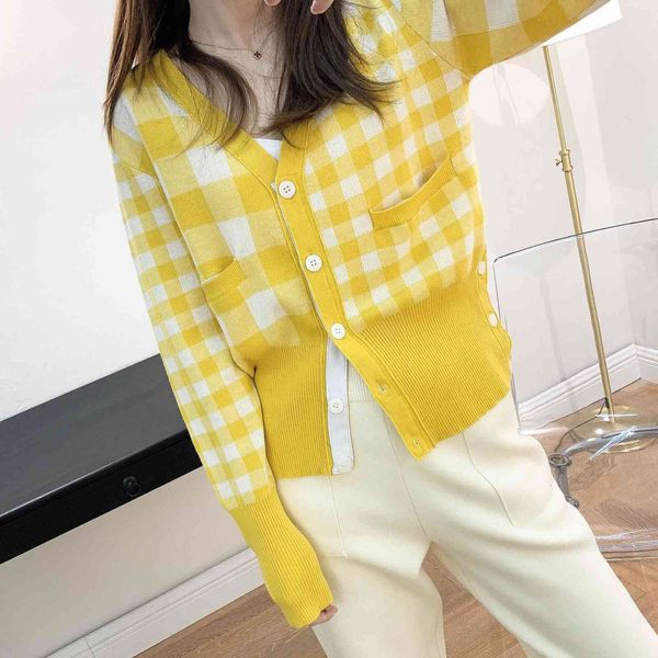 

stitched plaid knit cardigan women's v-neck contrast tb british early autumn sweater new versatile slim pocket, White;black