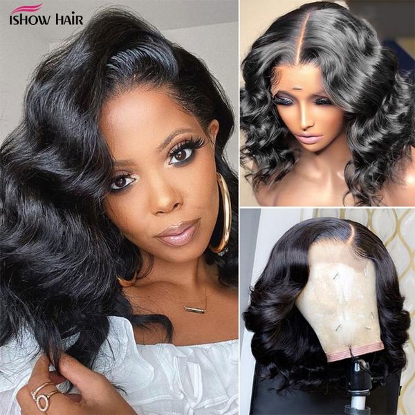 

lace wigs ishow short bob wig body wave transparent 13x4 frontal for women brazilian human hair 4x4 pre plucked, Black;brown