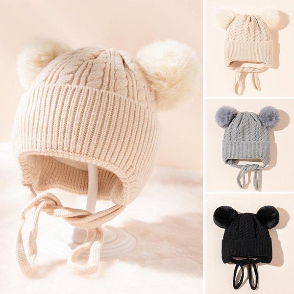 

caps & hats soft ear protection knitted baby hat solid color double pompom infant toddler beanie cute autumn winter warm kid girl boy bonnet, Yellow