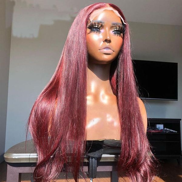 

synthetic wigs 99j wine red 26 inch long 180%density natural hairline straight lace front wig for women babyhair heat resistant, Black