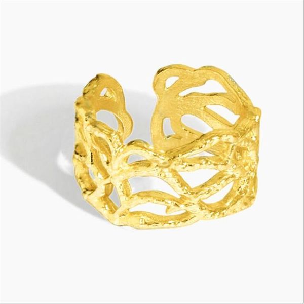 

cluster rings lul-pig 925 sterling silver korean edition irregular broad-sided branch ring for ladies cold wind hollow j01015, Golden;silver