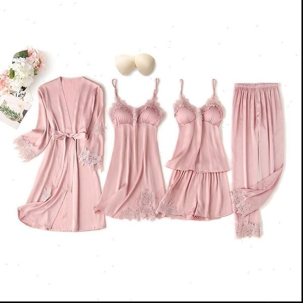 

5pcs pajamas suit intimate lingerie womens sleepwears satin kimono robe gown casual bride bridesmaid wedding nightgown, Black;red