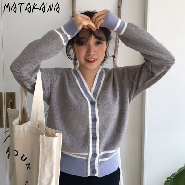 

matakawa color matching striped edge v-neck sweater coat single-breasted knitted cardigan autumn korean knit women sweater 210513, White;black