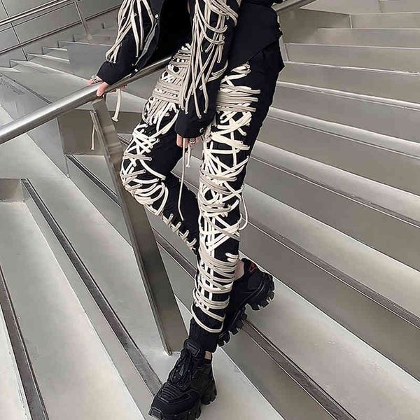 

capris cross black pants for women high waist bandage casual streetwear trousers female fashion clothing 2021 style, Black;white