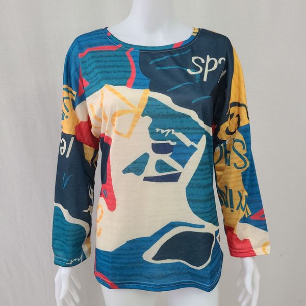 

women's long-sleeved t-shirt map printing loose oversized casual bottoming clothes autumn and winter clothing 003, White