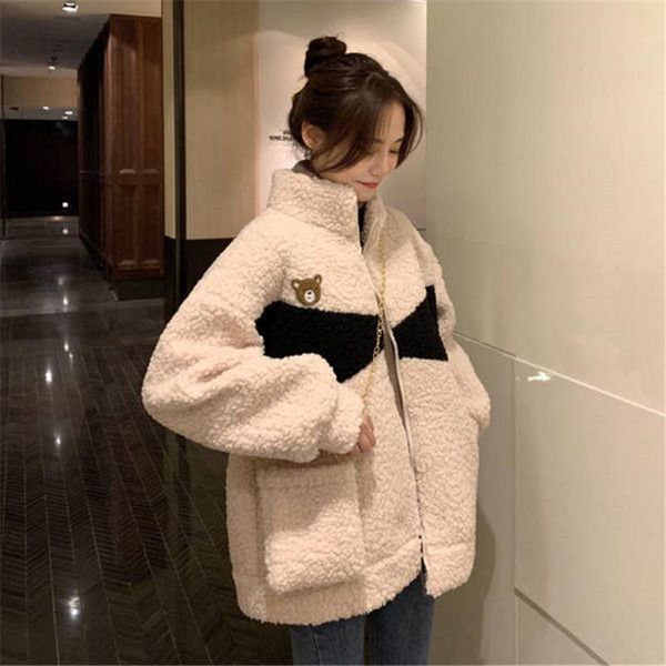 

women's wool & blends 2021 winter women korean oversized loose slouchy style plush imitation lamb jacket female en*, Black