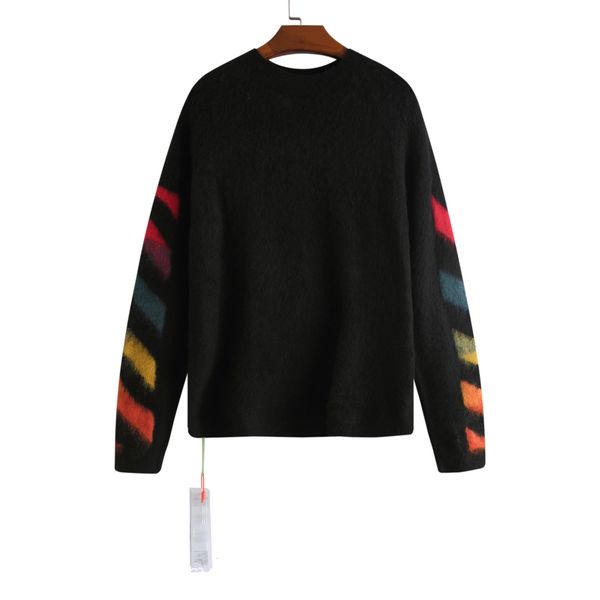 

autumn and winter 2021 new off black seahorse wool sweater color stripe arrstyle print loose couple, White;black