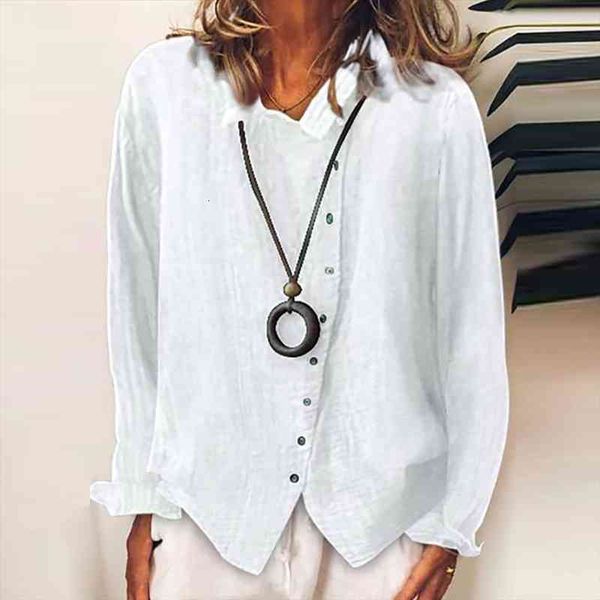 

women solid color long sleeve irregular single-breasted cotton linen shirt blouse style shirt fashion womens clothing, White