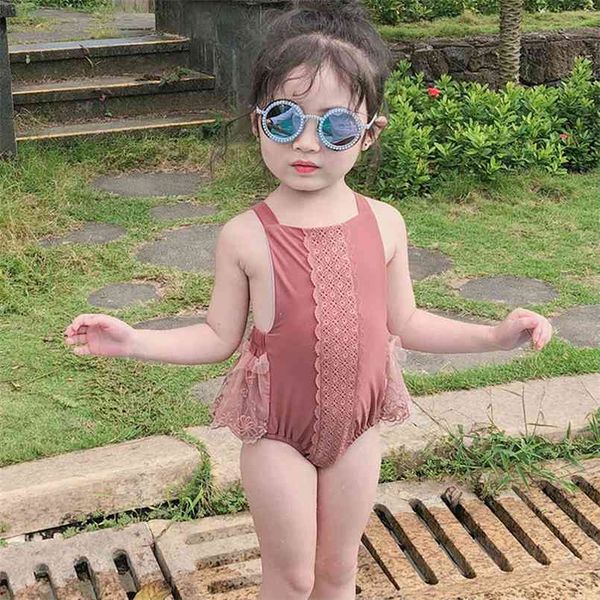 

children piece swimsuit baby girls princess dress one flower backless kids swimwear 210702, Blue