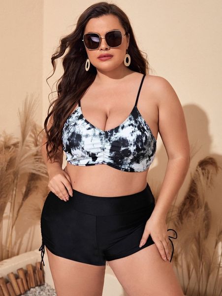 

plus tie dye ruched bikini swimsuit r47o#, Black