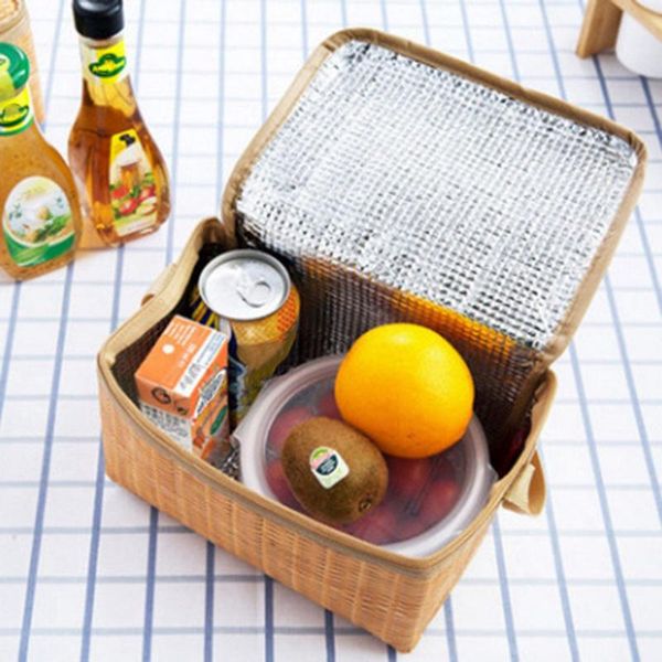

portable lunch bag insulated thermal cooler box waterproof handbag imitation rattan storage container for picnic dinnerware sets