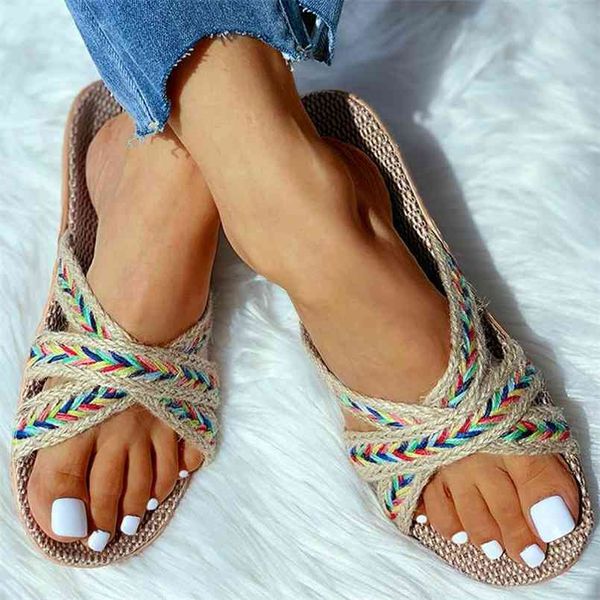 

summer natural flax slippers women sandals comfortable non-slip ladies home cross-tied casual indoor shoes multicolor 210607, Black