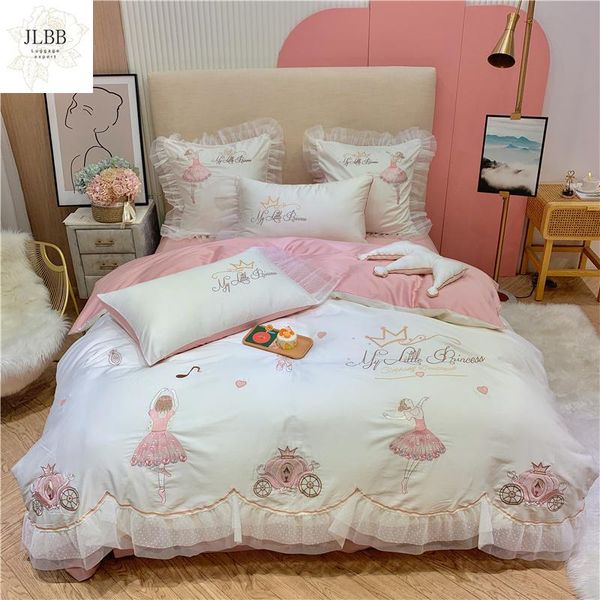 

bedding sets white/pink soft cozy egyptian cotton ballet girl embroidery princess set lace duvet cover flat/fitted sheet pillowcases