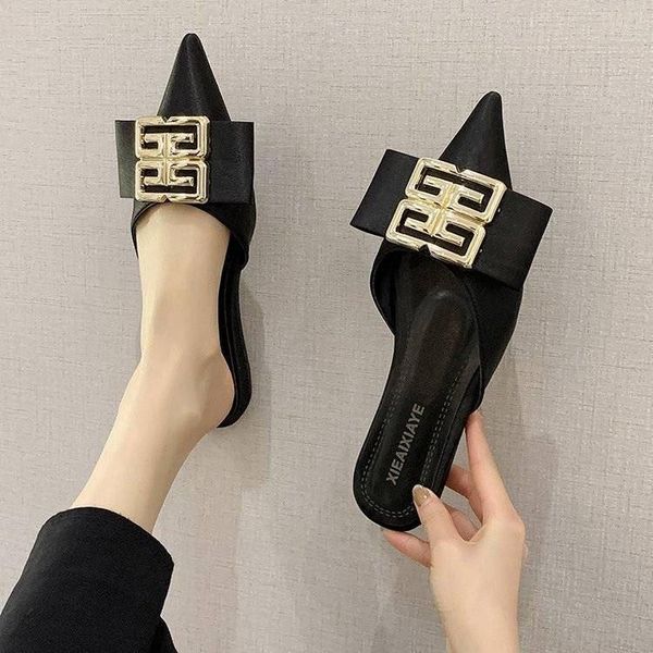 

women's slippers for summer wear 2021 fashion square metal buckle sandals shoes pointed half-drag lazy women, Black