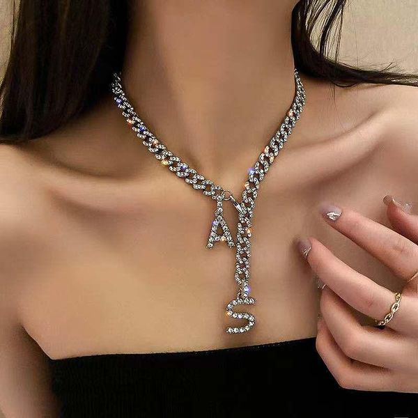 

pendant necklaces fashion luxury hip hop letter as cuban chain men's and women's necklace shiny all rhinestone zircon neck, Silver