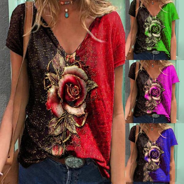 

women's t-shirt women summer t shirts v neck floral printed short sleeve casual loose pullover plus size shirt clothing streetwear, White