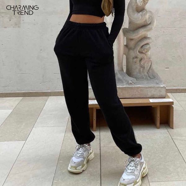

casual pocket street pants women autumn black elastic waist cotton trousers ladies high waist casual solid color long pants 210702, Black;white
