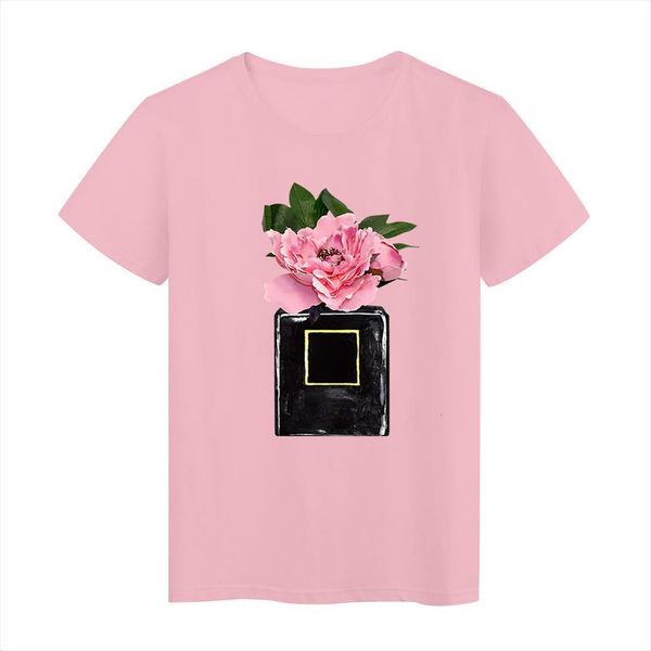 

pink flower series black womens perfume bottle printed short sleeve harajuku style women oversize clothes, White