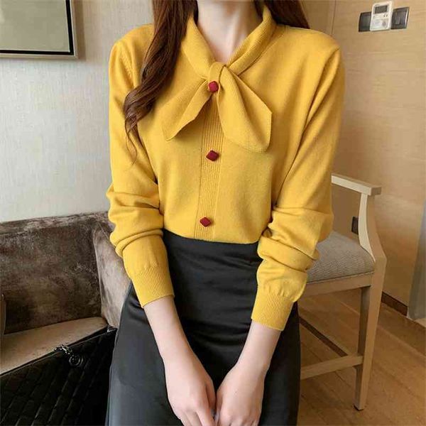 Maglione con fiocco Bottone da donna Maglioni base lavorati a maglia a maniche lunghe Donna Autunno Inverno Bella versione coreana Pullover Girl 210427