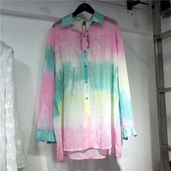 

women's blouses & shirts [ewq] autumn 2021 fashion thin section rainbow tie dye long sleeve shirt women holiday plus size casual blouse, White
