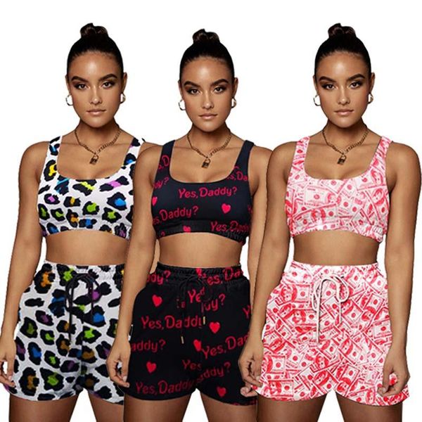 

running sets fashion printed sports suit casual shorts vest 2-piece women, Black;blue